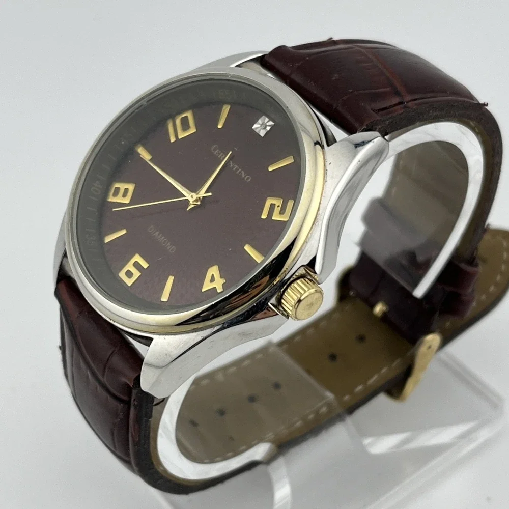 Cerentino Diamond Accent Watch Men 42mm Silver Case Brown Band- New‎ Battery